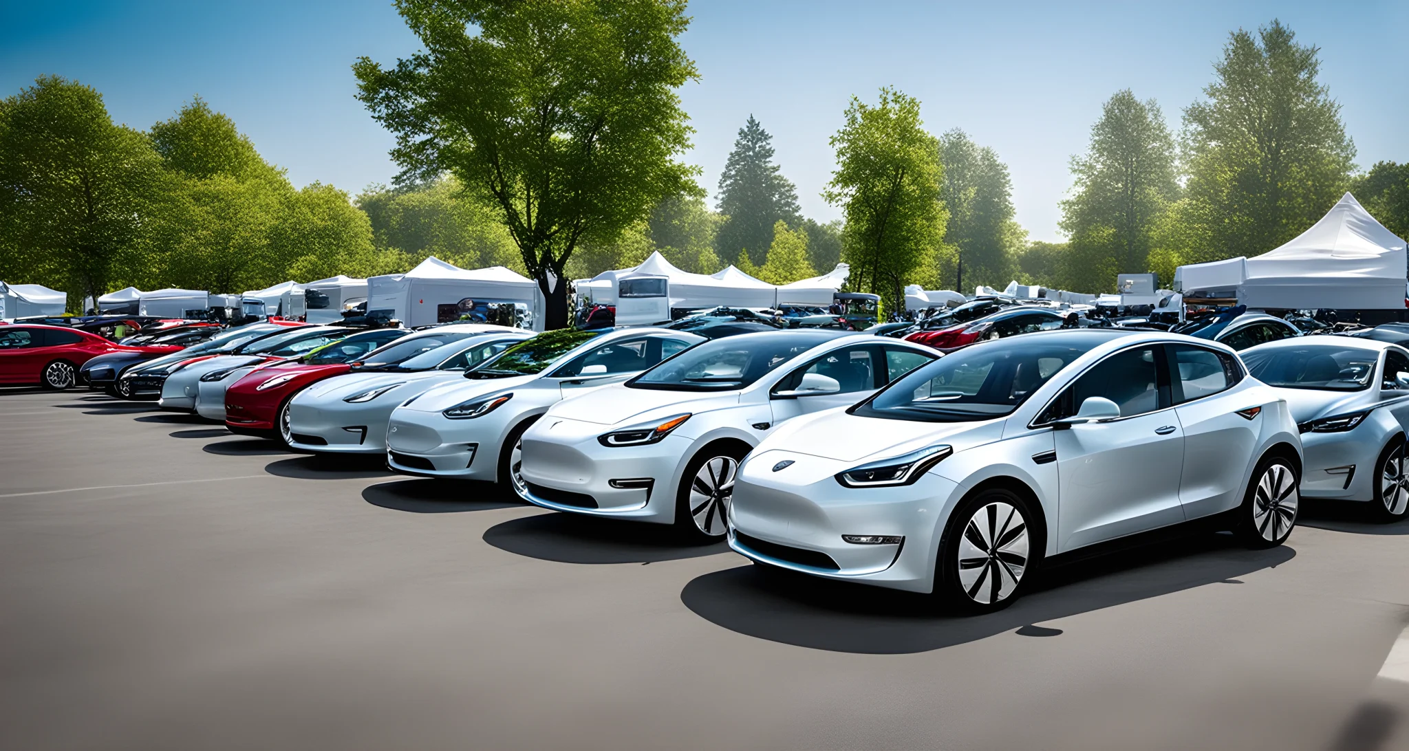 The image features a lineup of electric vehicles (EVs) on display at a car show, including various models from different manufacturers.