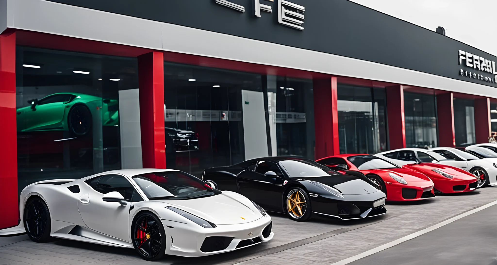 The image features a lineup of luxury and exotic cars, including brands such as Ferrari, Lamborghini, and Porsche, parked in front of a high-end car dealership in China.