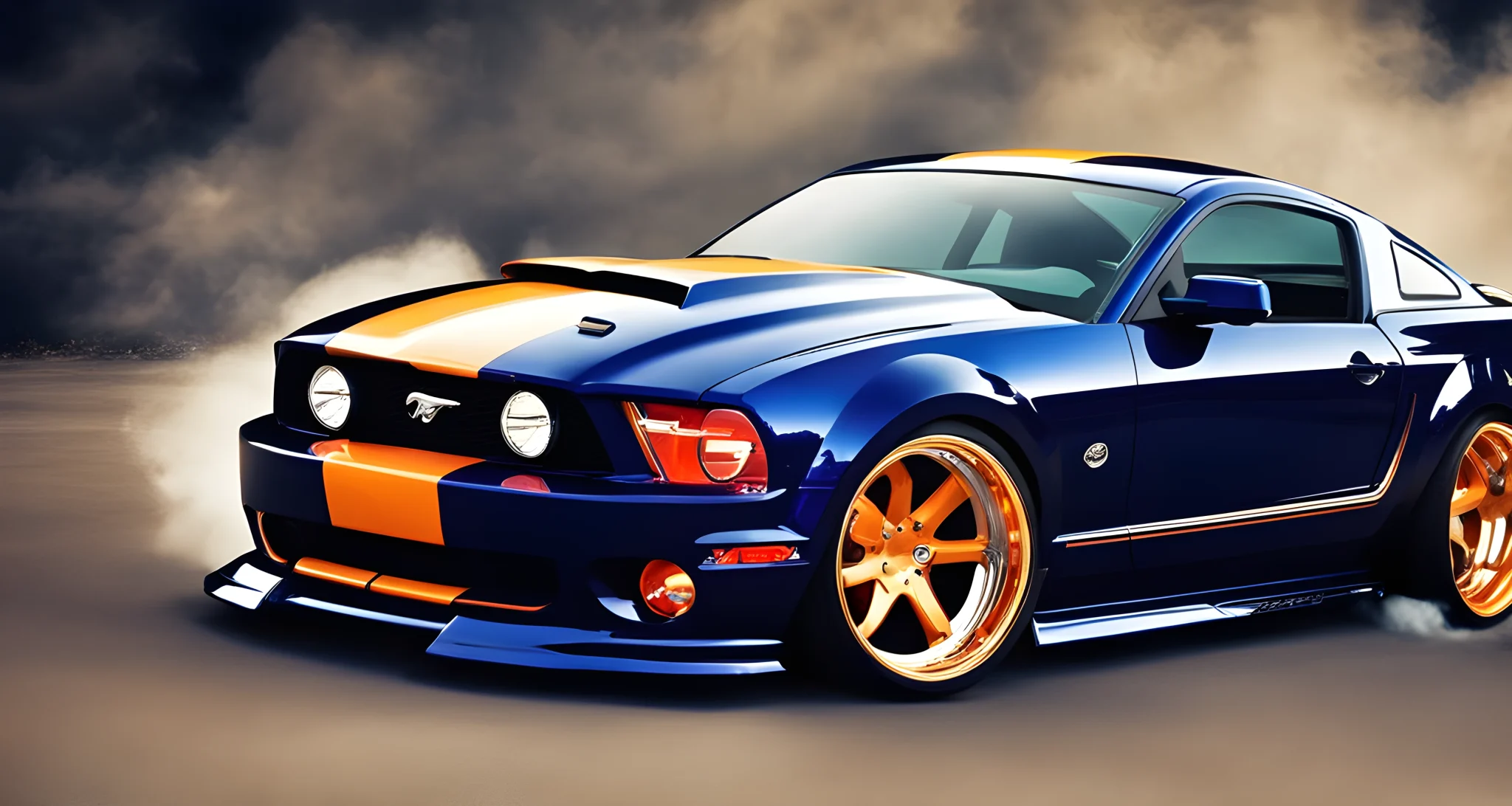 The image features a modified Ford Mustang with custom performance tuning and exhaust modifications.