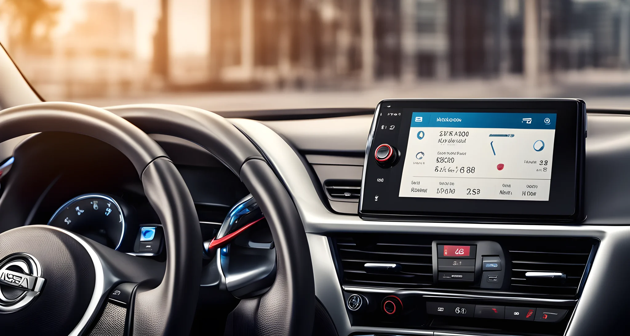 The image features a Nissan car dashboard with a touchscreen display and a Bluetooth icon, along with a smartphone connected to the car's audio system.