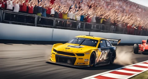 The image features a race car speeding through a track, surrounded by cheering spectators and team members in pit lane.