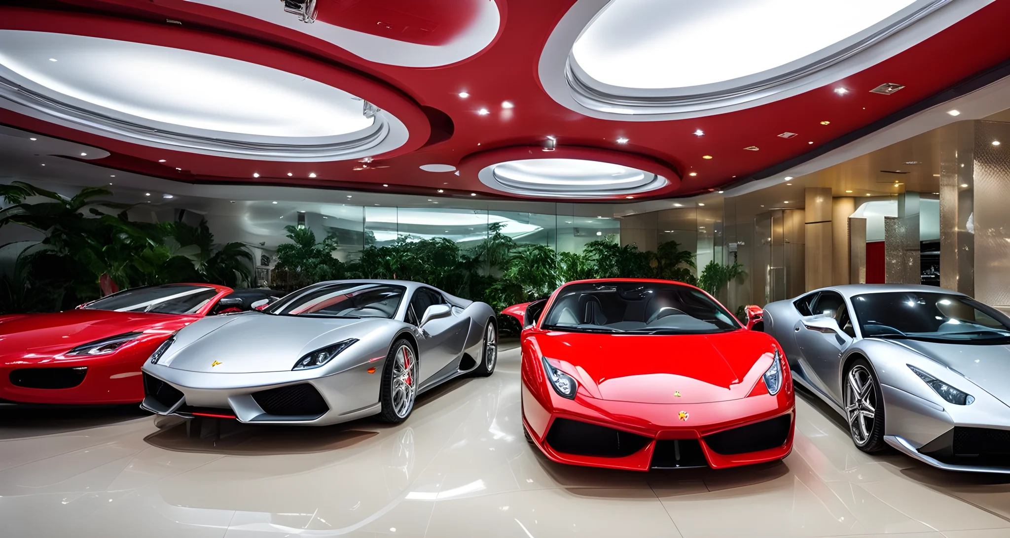 The image features a row of exotic and luxury cars, including a red Ferrari, a black Lamborghini, and a silver Bentley, parked in a showroom in China.