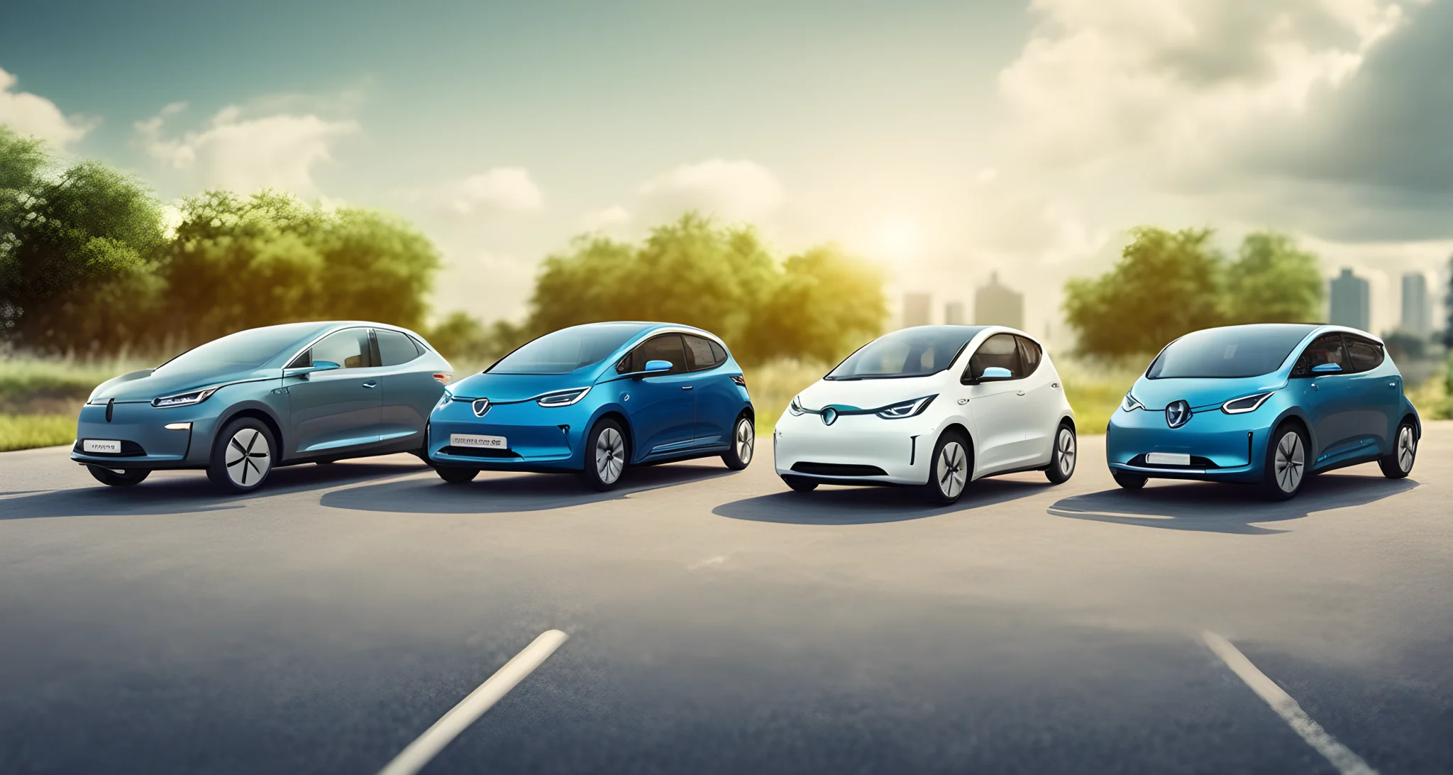 The image features a row of various electric vehicle models from different manufacturers.