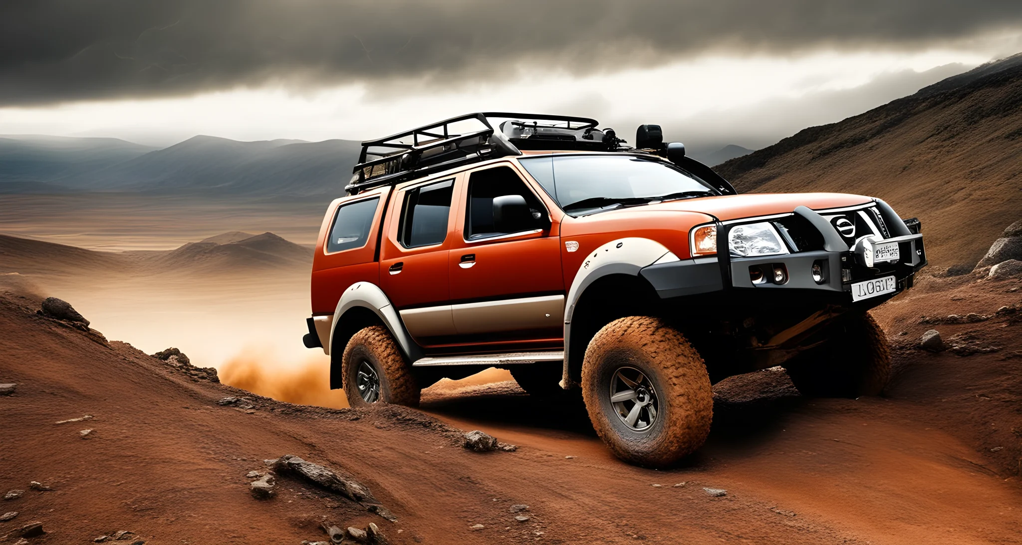 The image features a rugged, off-road Nissan 4x4 vehicle navigating through a challenging terrain, with an expansive landscape in the background.