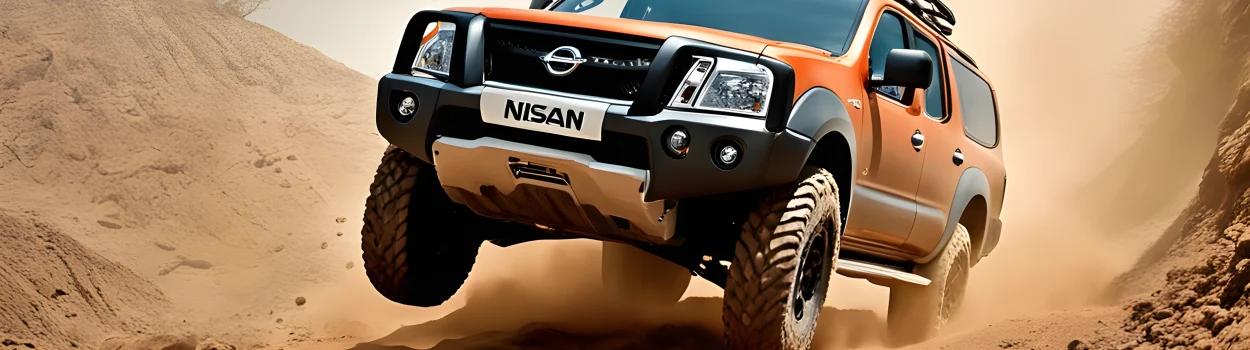 The image features a rugged off-road vehicle with the Nissan logo prominently displayed. Dust and dirt kick up as the vehicle navigates a rocky, uneven terrain.