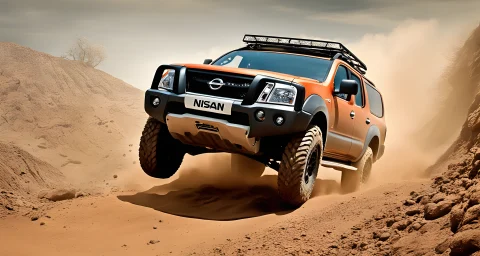 The image features a rugged off-road vehicle with the Nissan logo prominently displayed. Dust and dirt kick up as the vehicle navigates a rocky, uneven terrain.