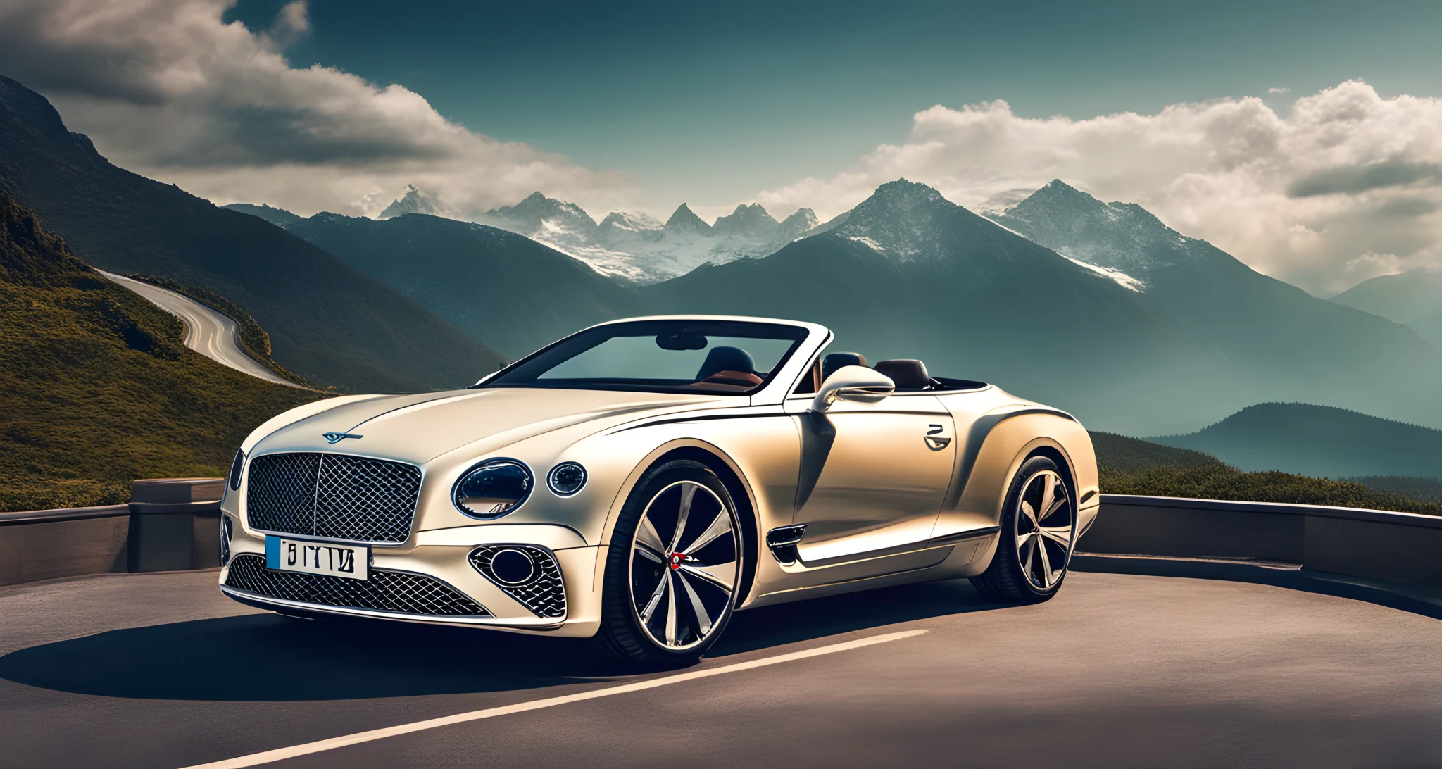 The image features a scenic road with a luxury Bentley car parked at a lookout point with a stunning view of mountains in the background.