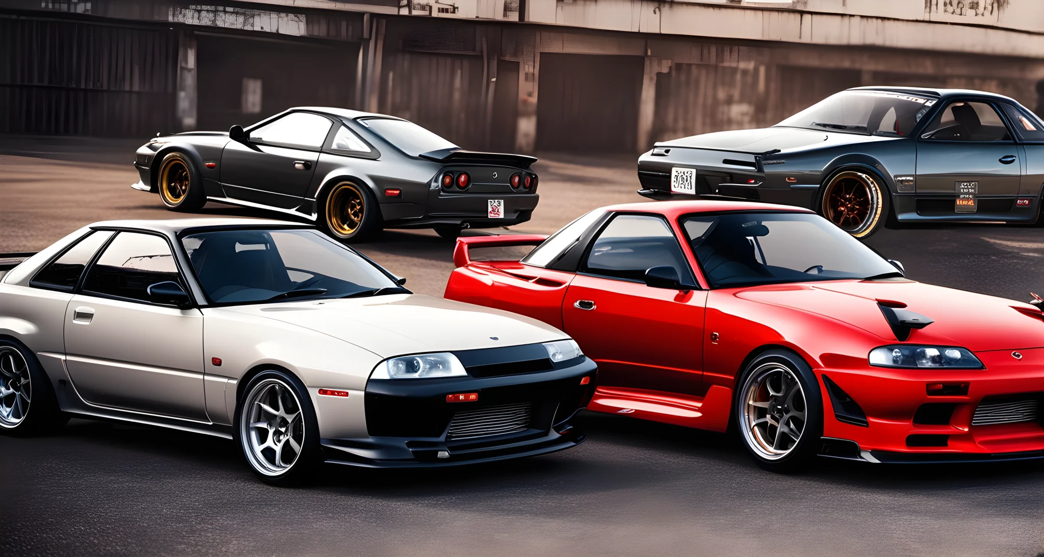 The image features a selection of iconic Japanese cars, including the Nissan Skyline, Toyota Supra, and Mazda RX-7.