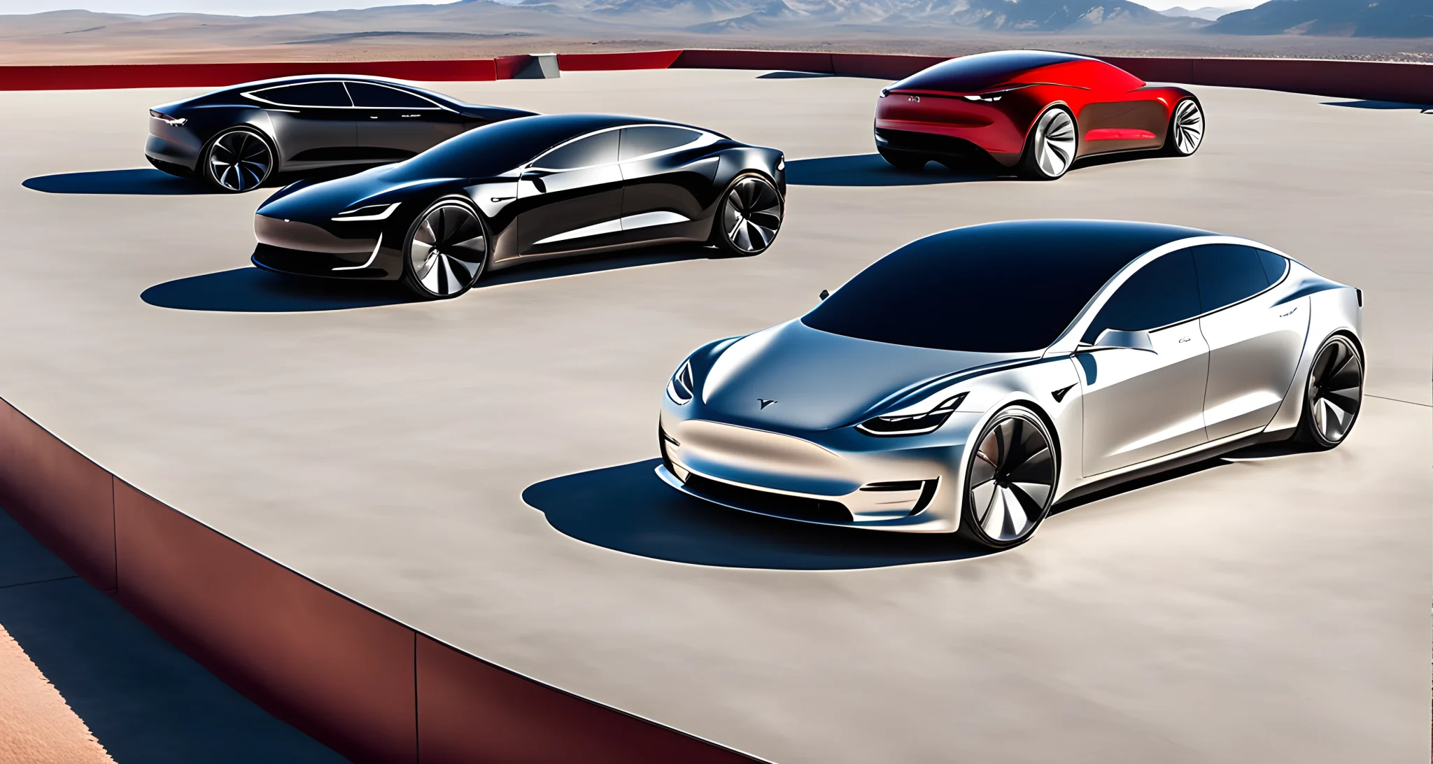 The image features a selection of Tesla concept cars and prototypes, showcasing the futuristic designs and advanced technology in electric vehicles.