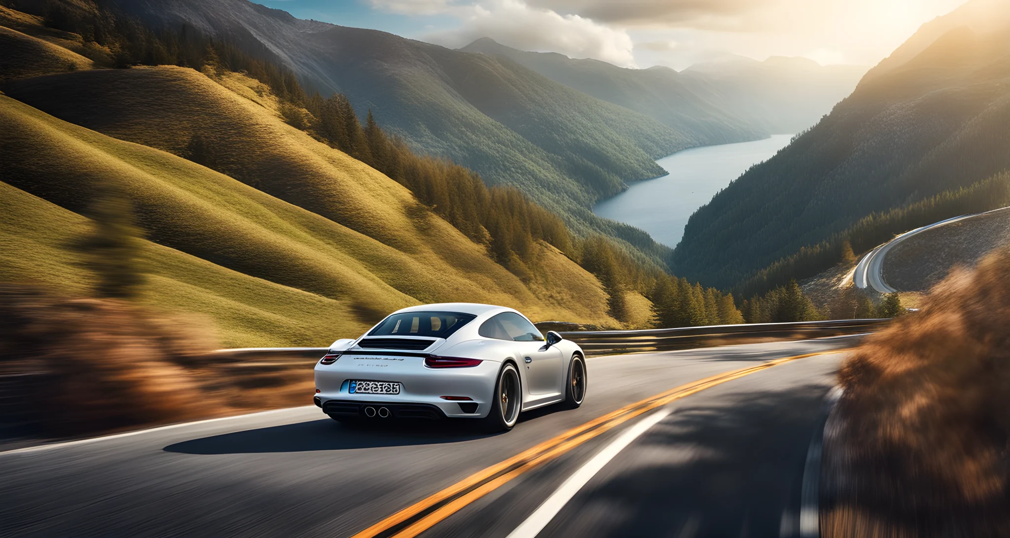The image features a sleek and iconic Porsche sports car driving through a winding mountain road with breathtaking scenic views.