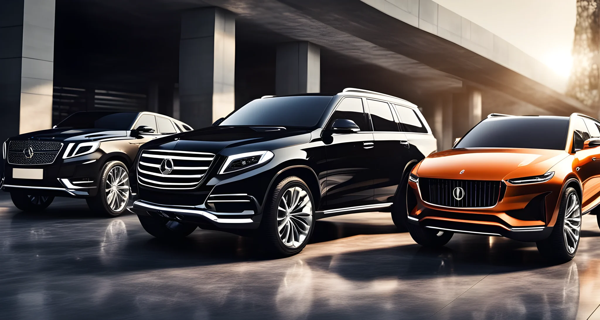 The image features a sleek and luxurious SUV lineup, with vehicles from top luxury and exotic car brands on display.