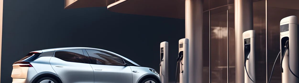 The image features a sleek and modern electric car parked in front of a charging station.