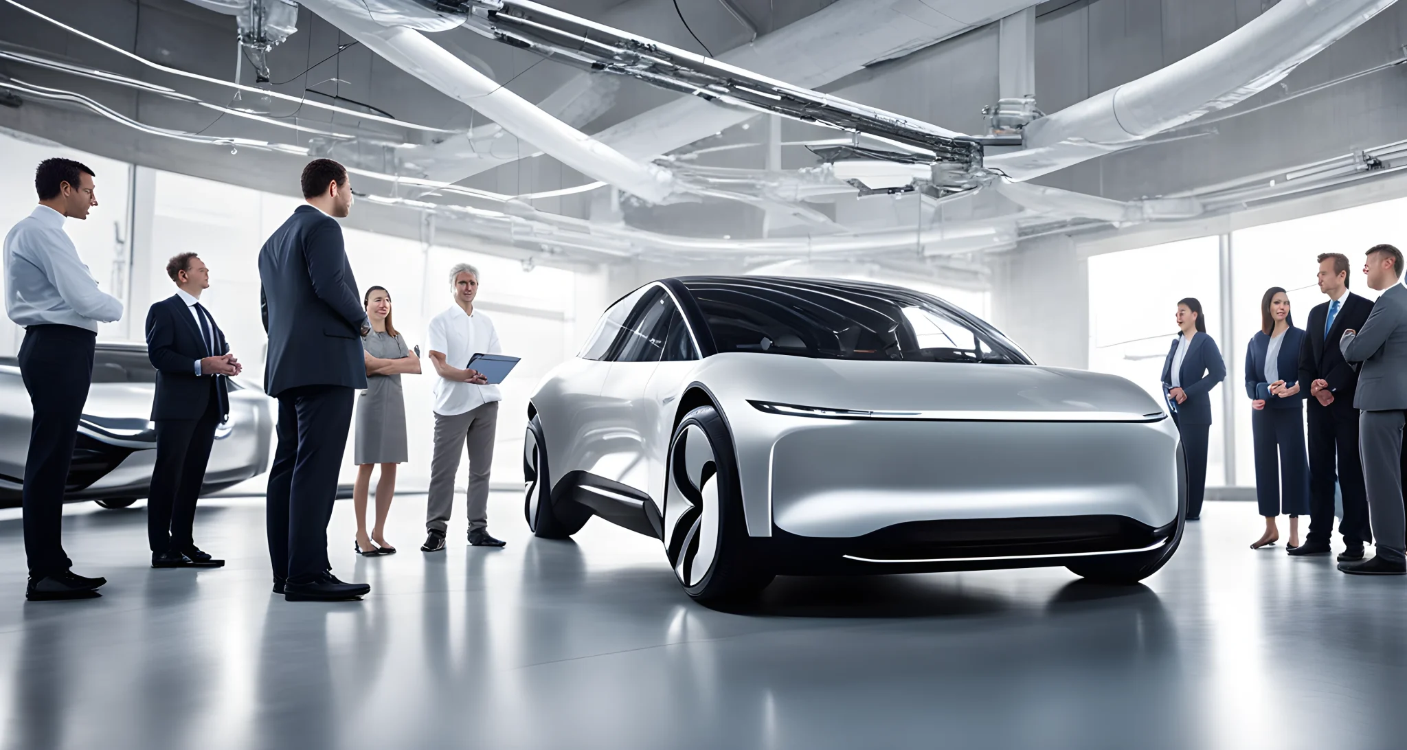 The image features a sleek and modern electric car prototype on a display platform, surrounded by a group of engineers and executives discussing the latest advancements in automotive technology.