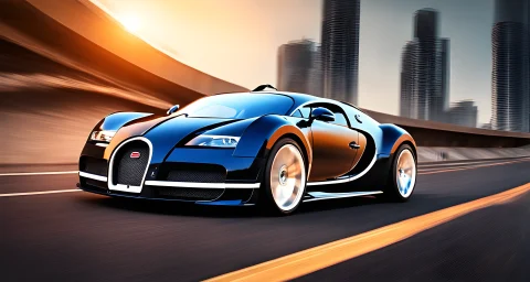 The image features a sleek and powerful Bugatti sports car with customized performance enhancements.