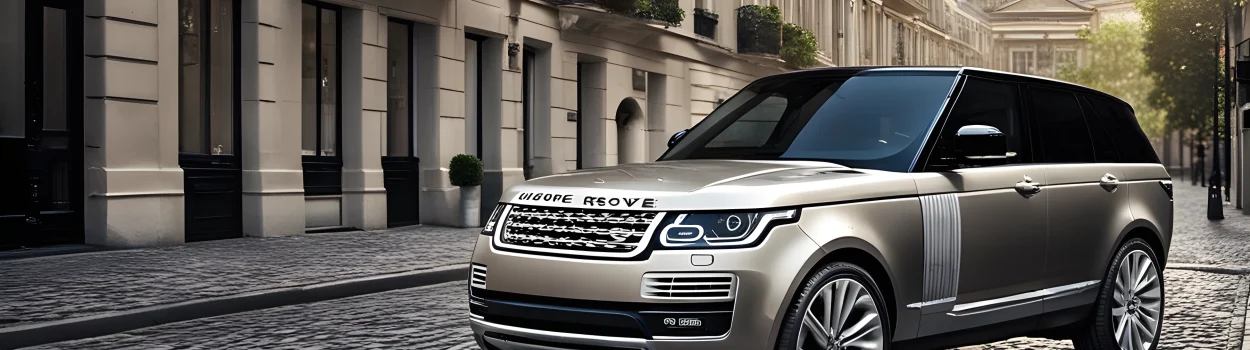 The image features a sleek and shiny Land Rover luxury car parked on a cobblestone street, with modern buildings in the background.