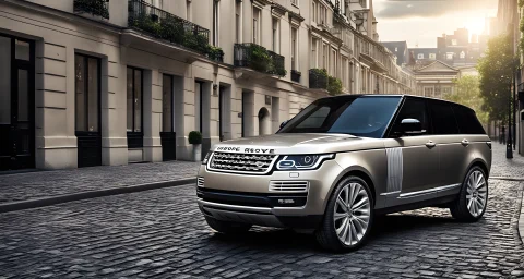 The image features a sleek and shiny Land Rover luxury car parked on a cobblestone street, with modern buildings in the background.