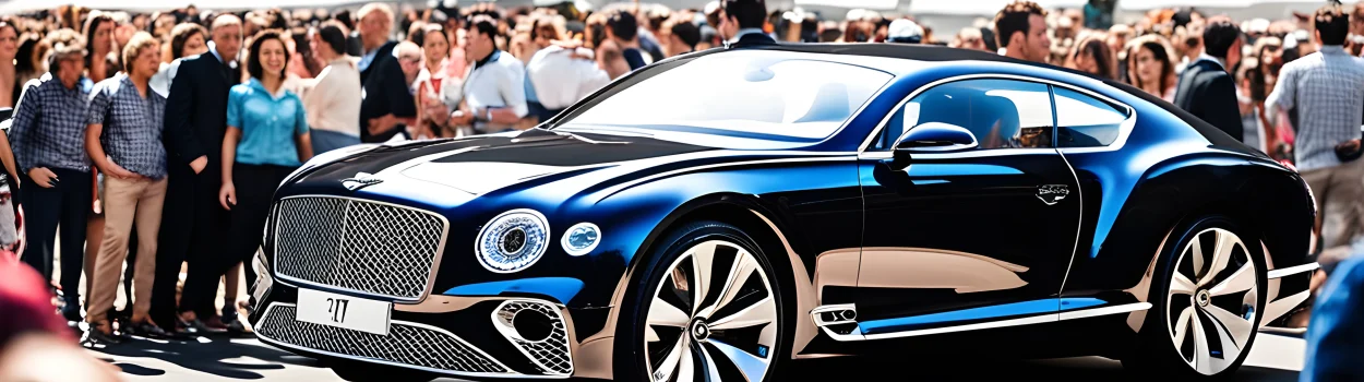 The image features a sleek and stylish Bentley luxury car at a car show, surrounded by a crowd of enthusiasts.