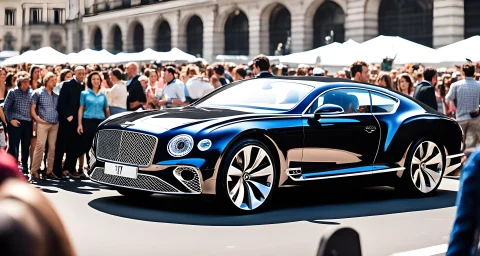 The image features a sleek and stylish Bentley luxury car at a car show, surrounded by a crowd of enthusiasts.