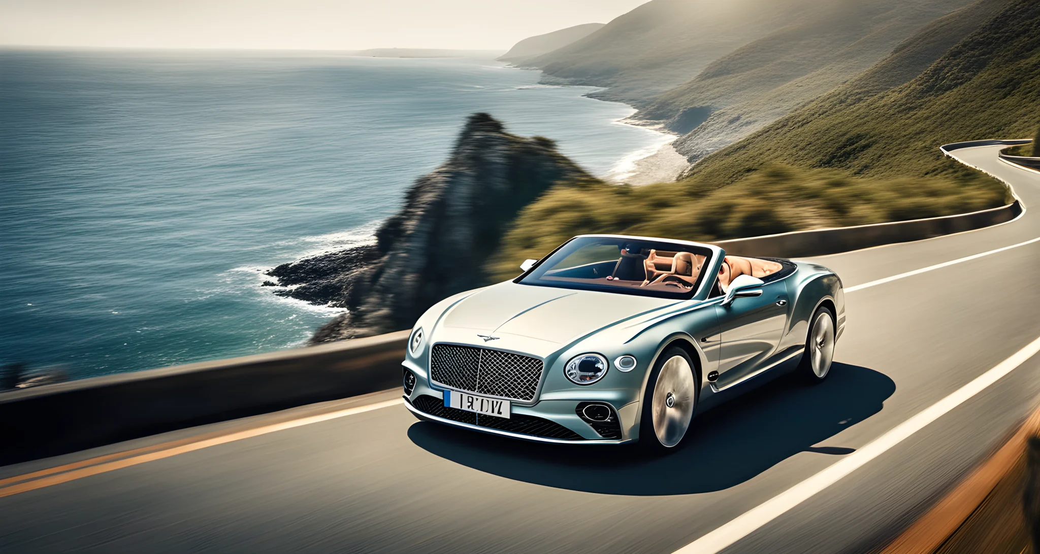 The image features a sleek Bentley convertible driving along a winding coastal road with ocean views.