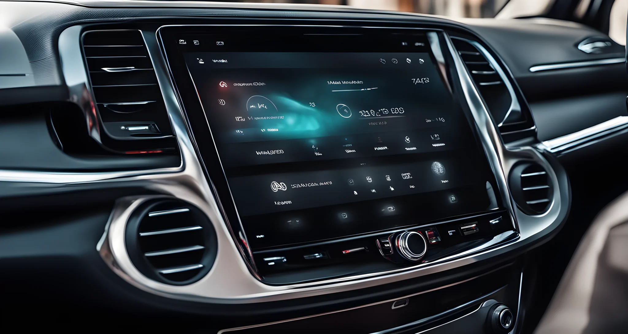 The image features a sleek car audio system with a large touchscreen display, dashboard speakers, and a subwoofer in the trunk.