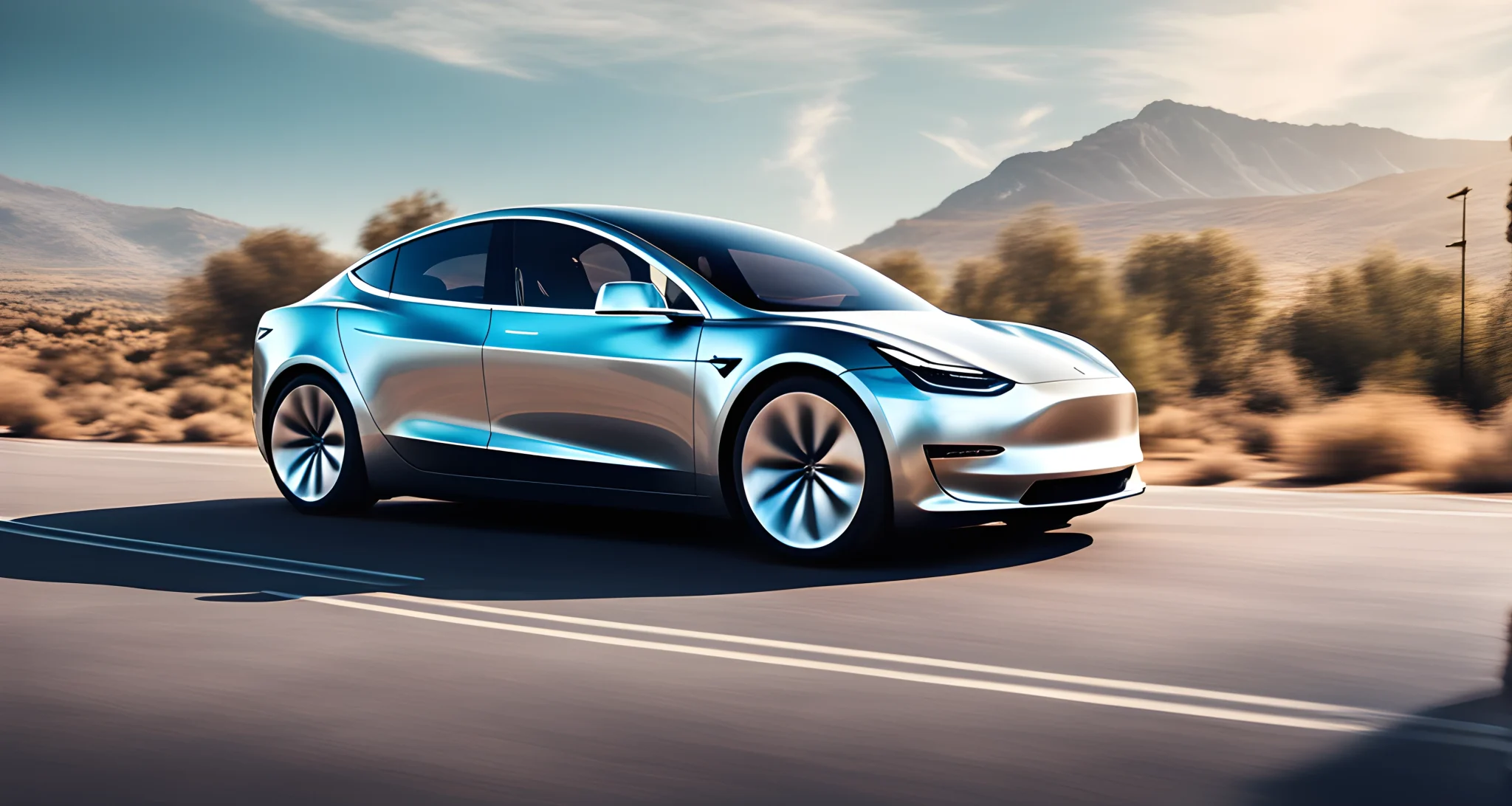 The image features a sleek, electric car designed by Tesla, with a focus on its advanced battery technology and eco-friendly design.