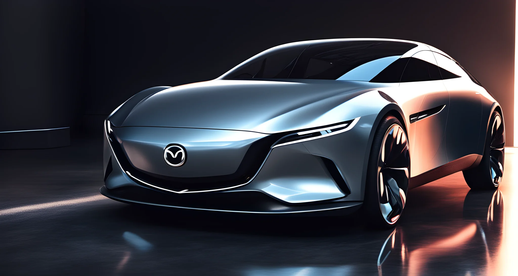 The image features a sleek, futuristic electric car concept with the Mazda SP logo prominently displayed on the front grille.
