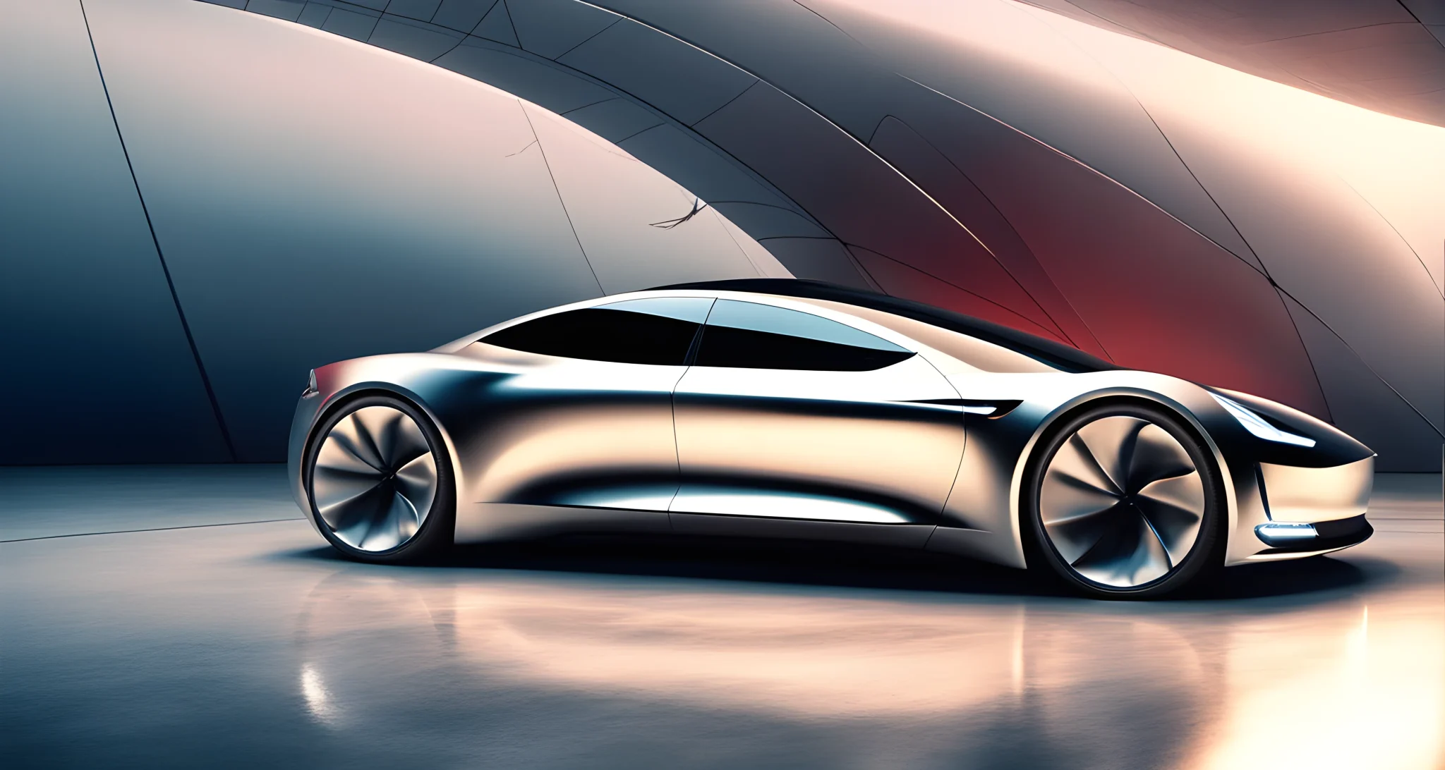 The image features a sleek, futuristic Tesla concept car with a bold, aerodynamic design.