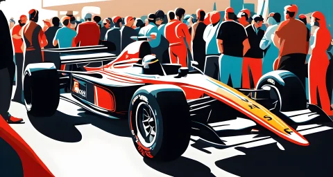 The image features a sleek, high-performance F1 racing car surrounded by a crowd of spectators at a car show.