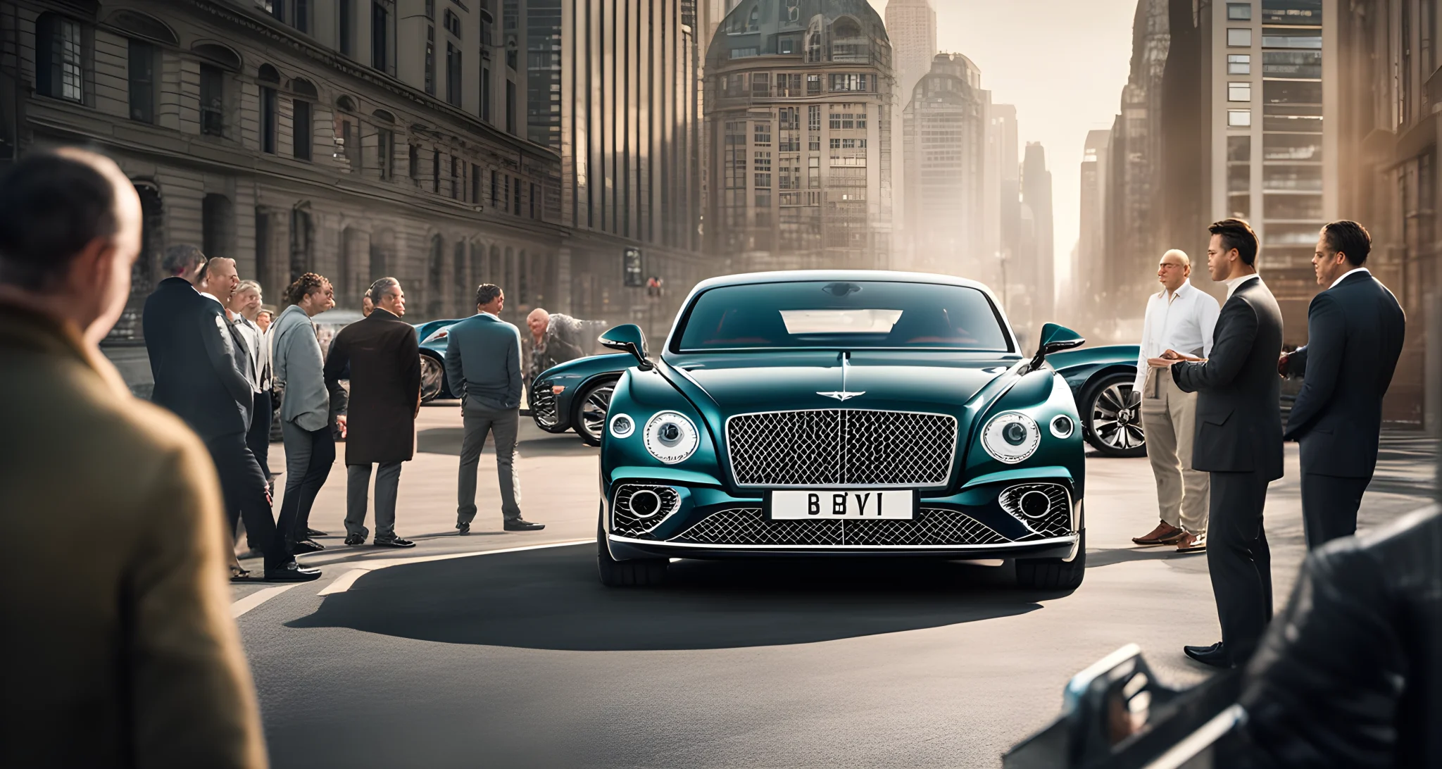 The image features a sleek, luxurious Bentley car parked in front of a backdrop of city buildings, with a group of enthusiasts gathered around discussing the vehicle.