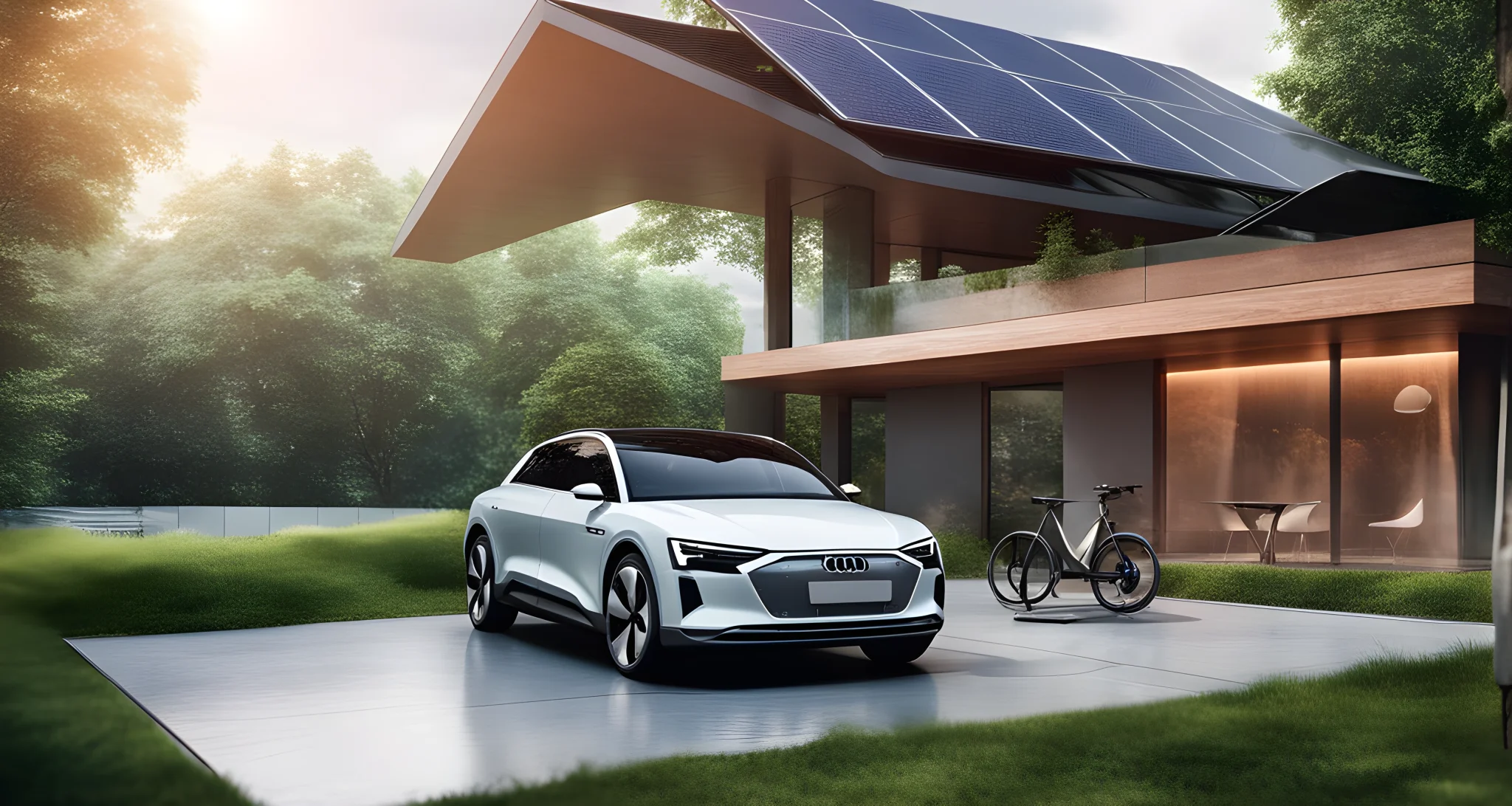 The image features a sleek, modern Audi electric car surrounded by greenery, solar panels, and a charging station.