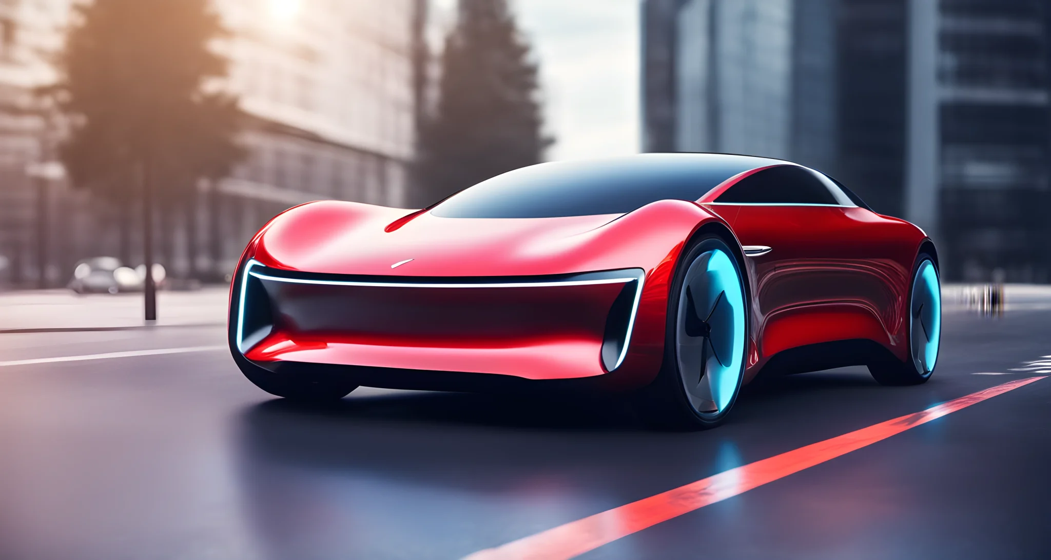 The image features a sleek, modern electric car with an advanced autonomous driving system.