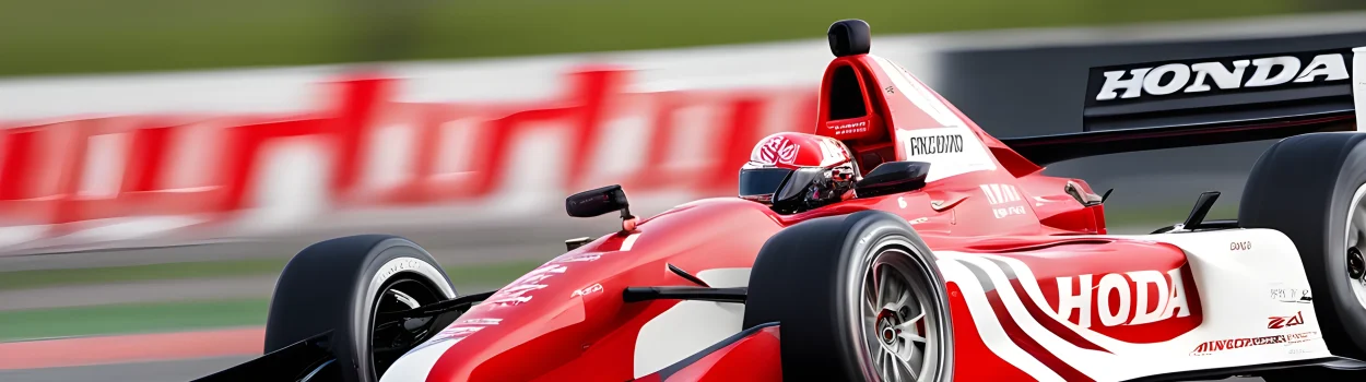 The image features a sleek, red and white Honda race car speeding around a track, with the Honda logo prominently displayed on the side of the car.