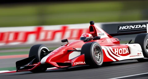 The image features a sleek, red and white Honda race car speeding around a track, with the Honda logo prominently displayed on the side of the car.
