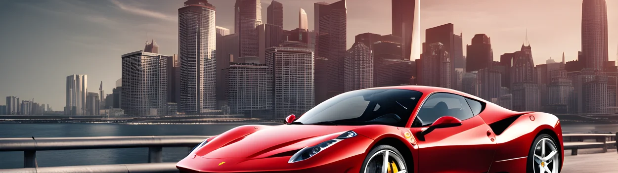 The image features a sleek, red Ferrari sports car against a city skyline backdrop.