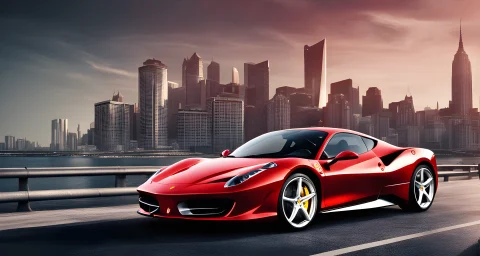 The image features a sleek, red Ferrari sports car against a city skyline backdrop.