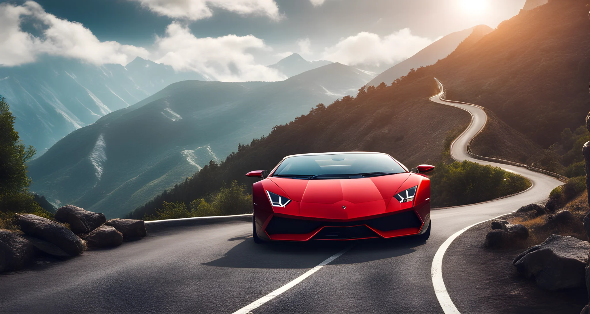 The image features a sleek, red Lamborghini sports car parked on a winding mountain road with a scenic backdrop.