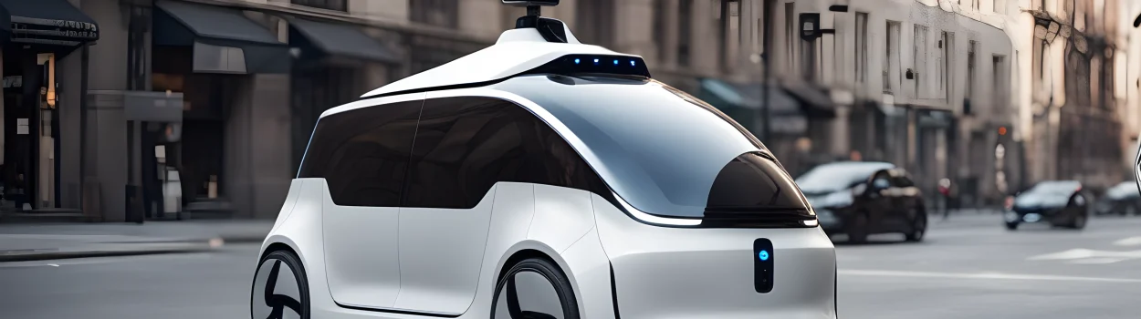 The image features a sleek, white autonomous vehicle on a city street, with sensors and cameras mounted on its exterior.