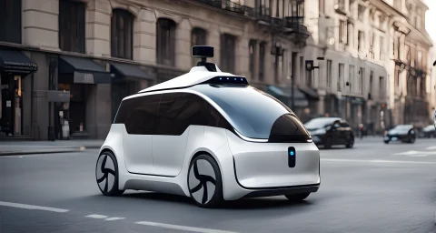 The image features a sleek, white autonomous vehicle on a city street, with sensors and cameras mounted on its exterior.