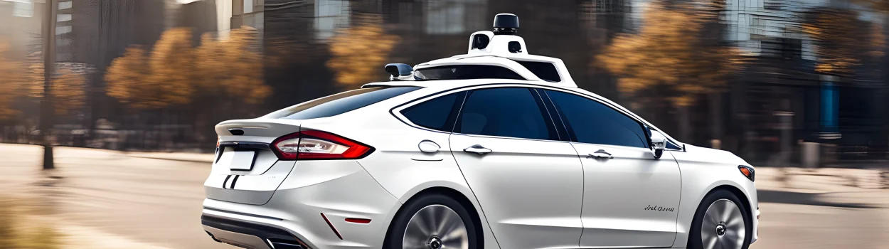 The image features a sleek, white Ford self-driving car with sensors and cameras mounted on the exterior.