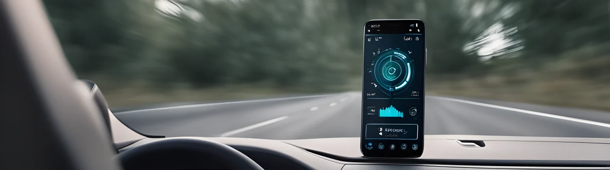 The image features a smartphone and a car dashboard with an AI interface displayed on the screen.