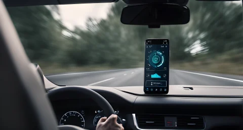 The image features a smartphone and a car dashboard with an AI interface displayed on the screen.