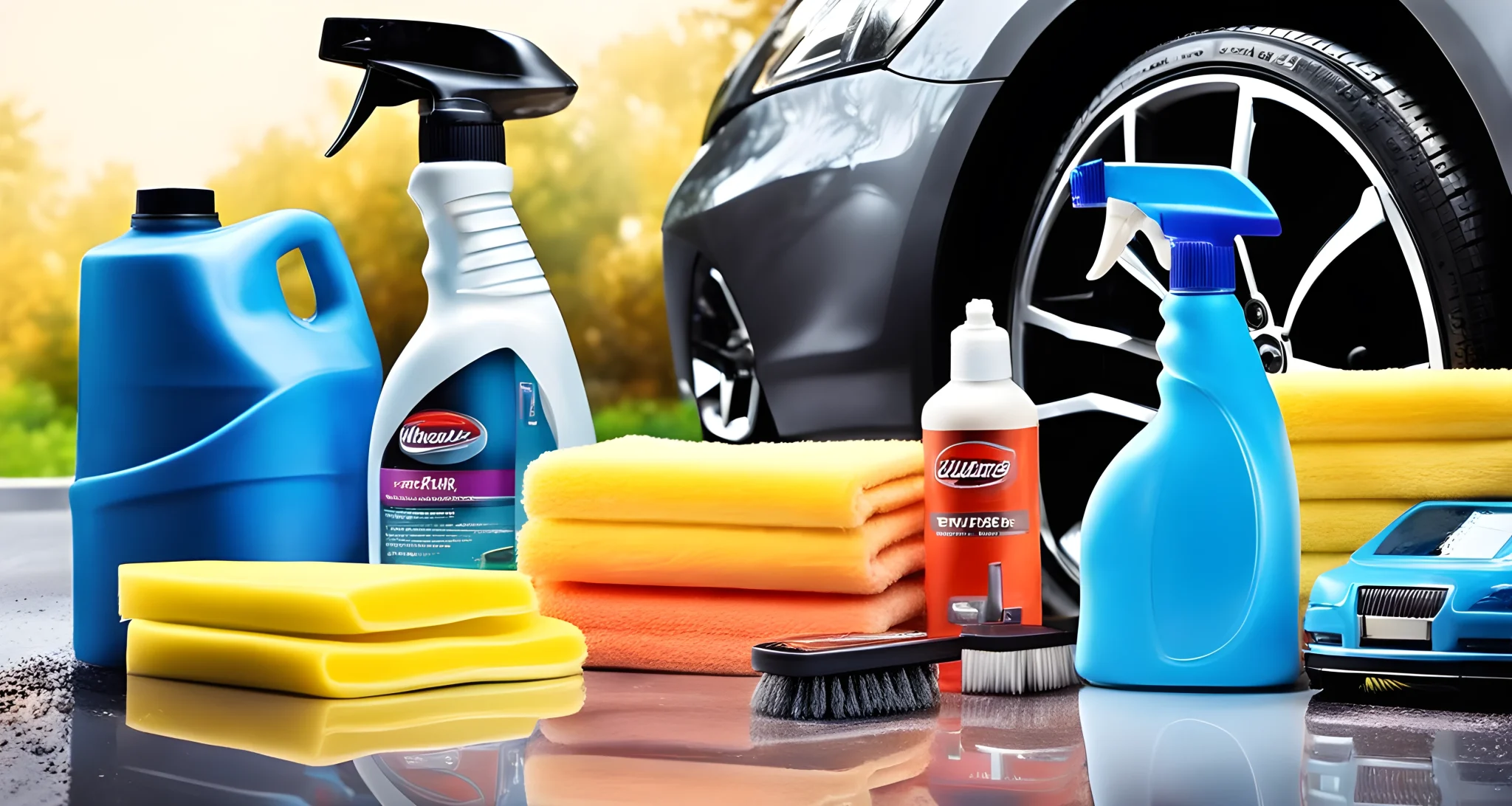 The image features a variety of car care products and tools, including car wax, microfiber cloths, car wash soap, tire cleaner, and a vacuum cleaner.