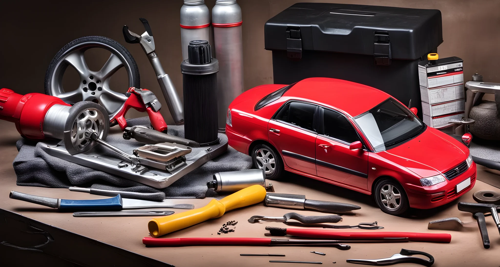 The image features a variety of car maintenance manuals and guides in Chinese, along with specialized tools and equipment for servicing vehicles.