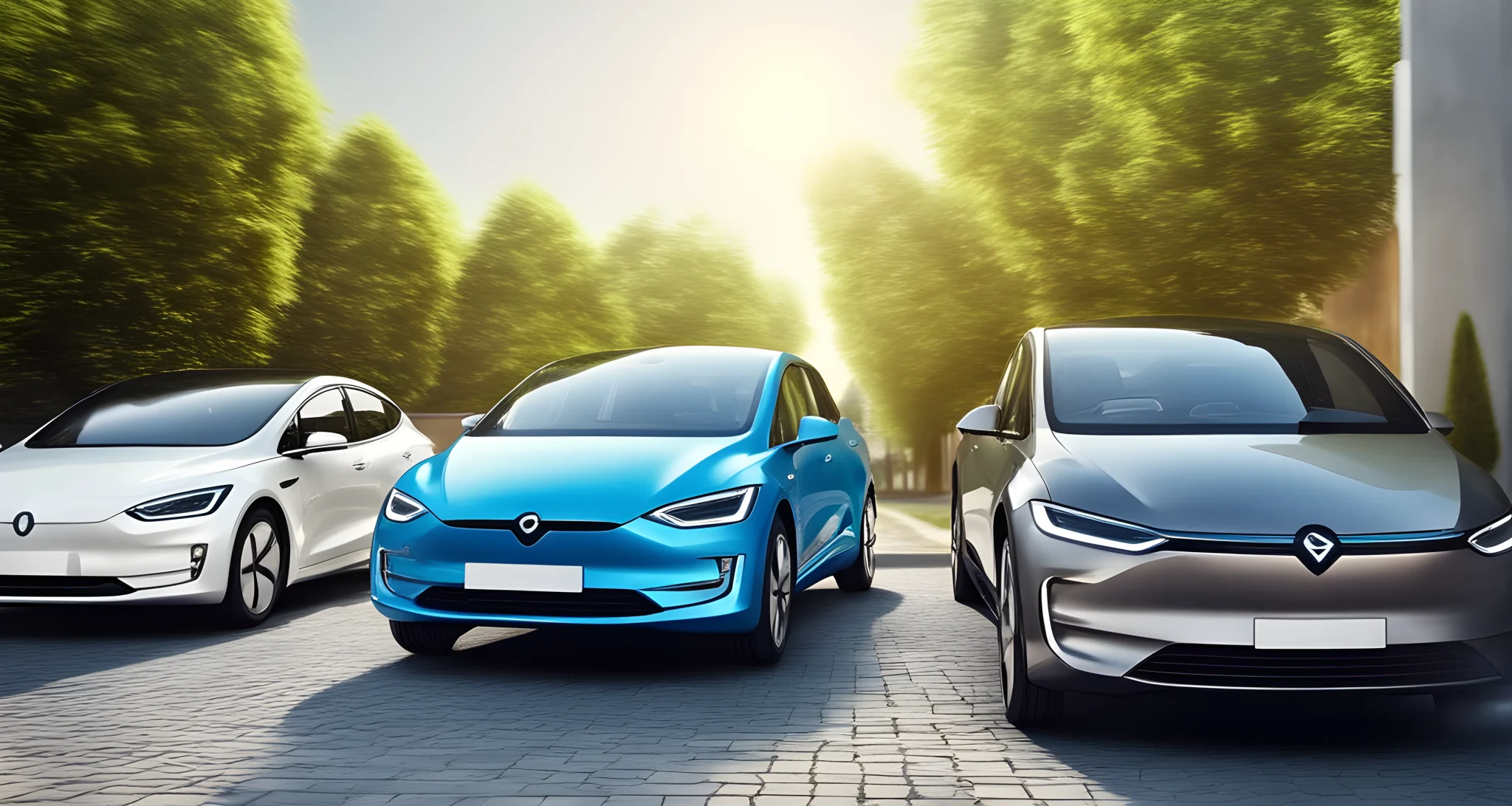 The image features a variety of electric vehicles and hybrid cars lined up for test drives.