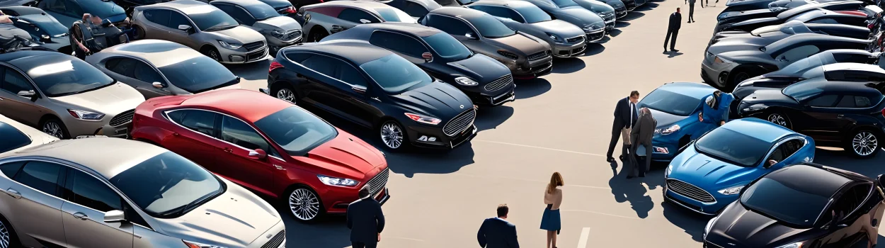 The image features a variety of new and used vehicles, including Ford models. Multiple cars are parked in a lot, with a few salespeople talking to potential customers.