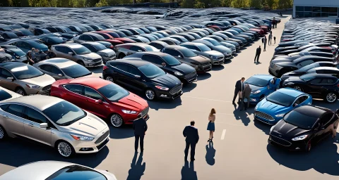 The image features a variety of new and used vehicles, including Ford models. Multiple cars are parked in a lot, with a few salespeople talking to potential customers.