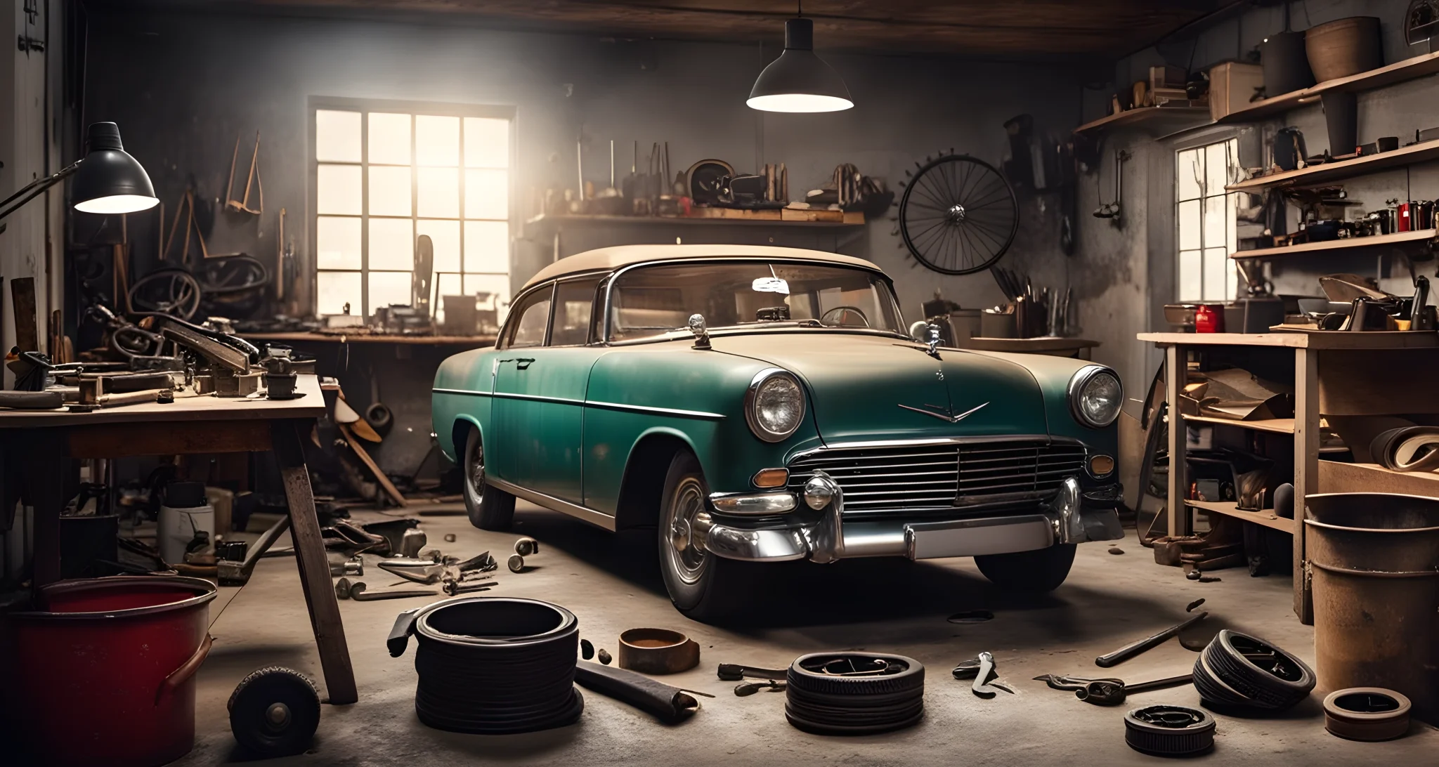 The image features a vintage classic car being restored in a garage workshop. Tools and various car parts are scattered around the car.