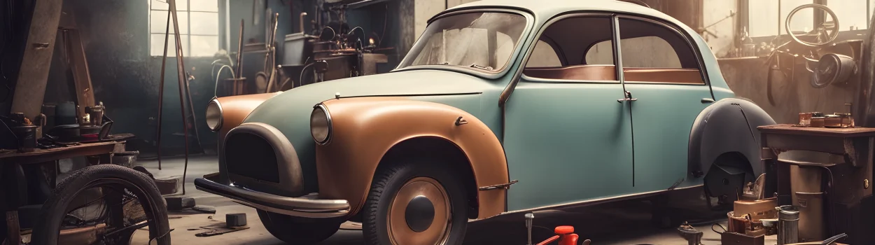 The image features a vintage electric car being restored, surrounded by various tools and equipment.