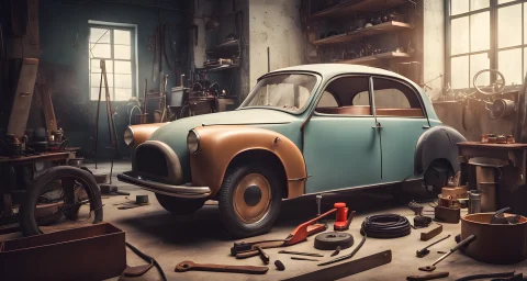 The image features a vintage electric car being restored, surrounded by various tools and equipment.