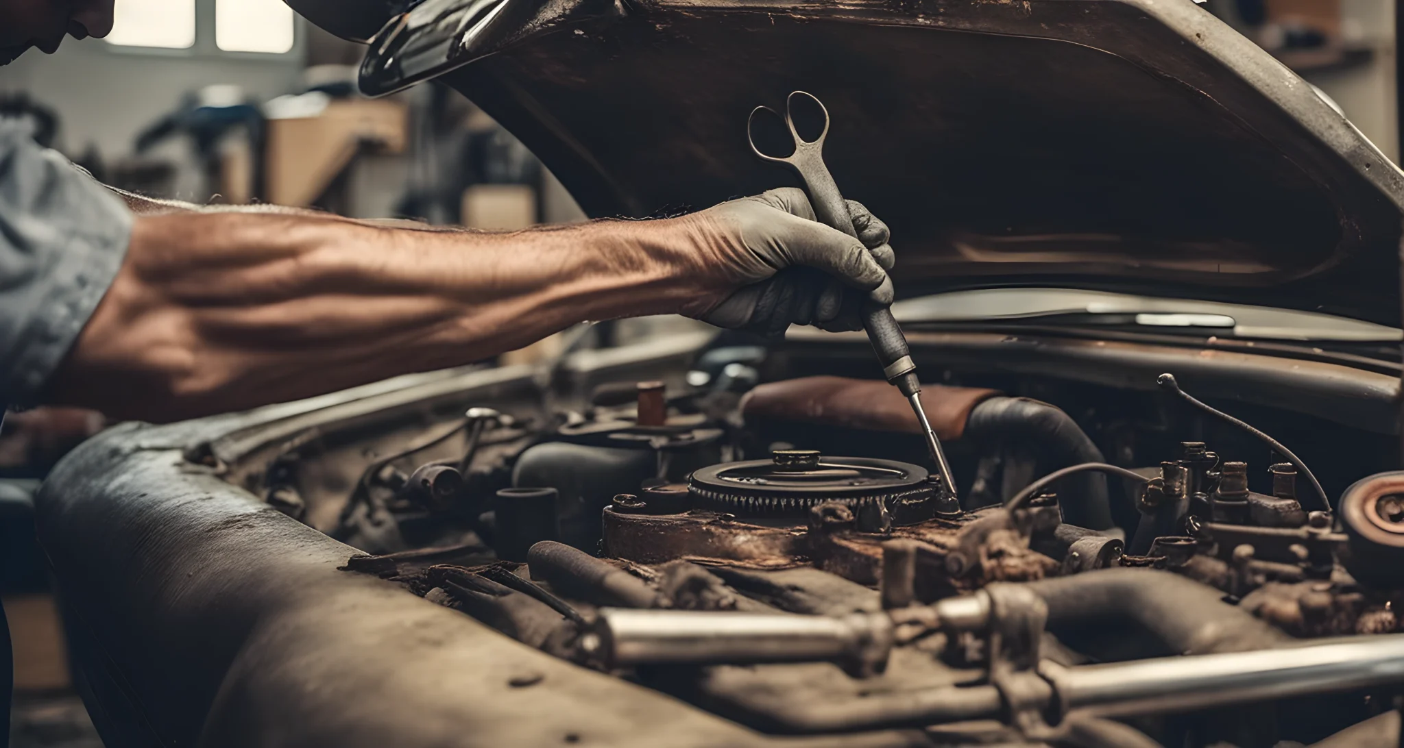 The image features a vintage Porsche car being meticulously restored in a well-equipped workshop. Tools, parts, and a mechanic's hands are visible as he works on the car.